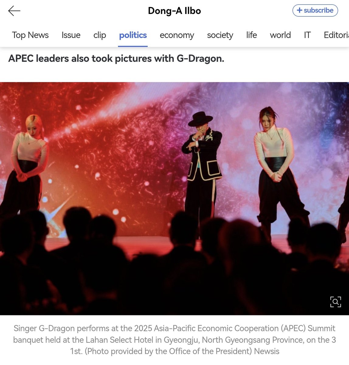 WhiteTamar1's tweet photo. "APEC leaders also took pictures with G-Dragon" features in the 10 Hot Topics in whole APEC Summit in Gyeongju.

"There's never been an APEC like this before... GD fever"
#GDRAGON APEC 2025 welcome dinner performance impact 🙌
https://t.co/1fklDELm2F https://t.co/3XAiMepm4v