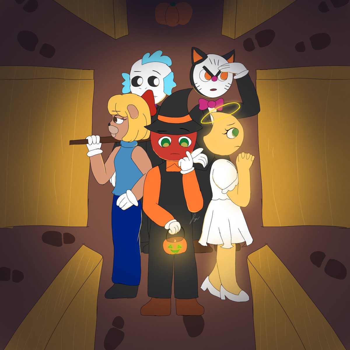 Happy halloween guys🎃 (yes, I know I'm late with the halloween post) #AndysAppleFarm #fanart #margaretthemole #melodythemoon #andytheapple #claustheclock #felixthefish #halloween