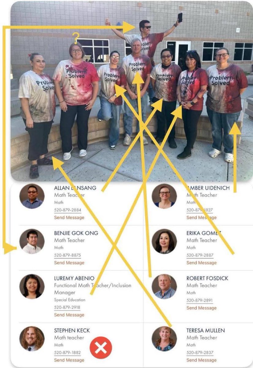 The group of teachers that wore bloody Freedom T-shirts mocking Charlie Kirk have been identified. Make them famous…
They have since removed the "proud" photo from their school page. 
However, internet is forever!
