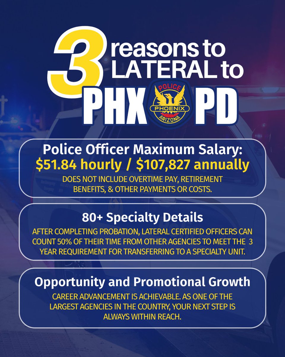 🚨 Ready for your next chapter in law enforcement? Here are 3 reasons why you need to choose PHXPD!

We're hiring lateral police officers—bring your skills, earn competitive pay, and make a bigger impact. 

 ➡️ Apply today at JOINPHXPD.com.