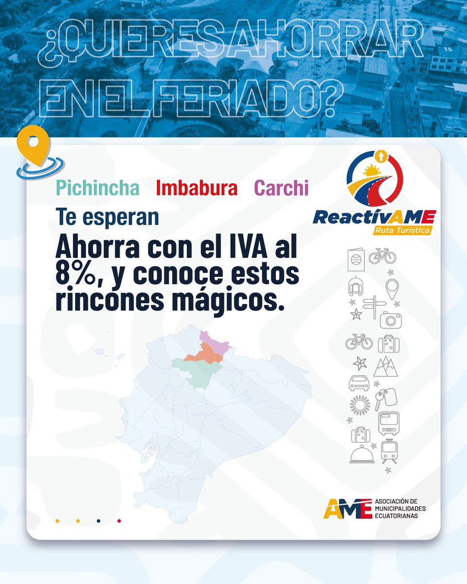 AMEcuador's tweet image. #Reactívame 🇪🇨 | ¡Viaja, disfruta y ahorra! 💛
Pichincha, Imbabura y Carchi te esperan 🌄

💰 Ahorra con el IVA al 8% y conoce estos rincones mágicos.
Porque de esta, nos levantamos todos.

#ReactívAME 🇪🇨 #EcuadorSeLevanta #ViajaViveReactiva