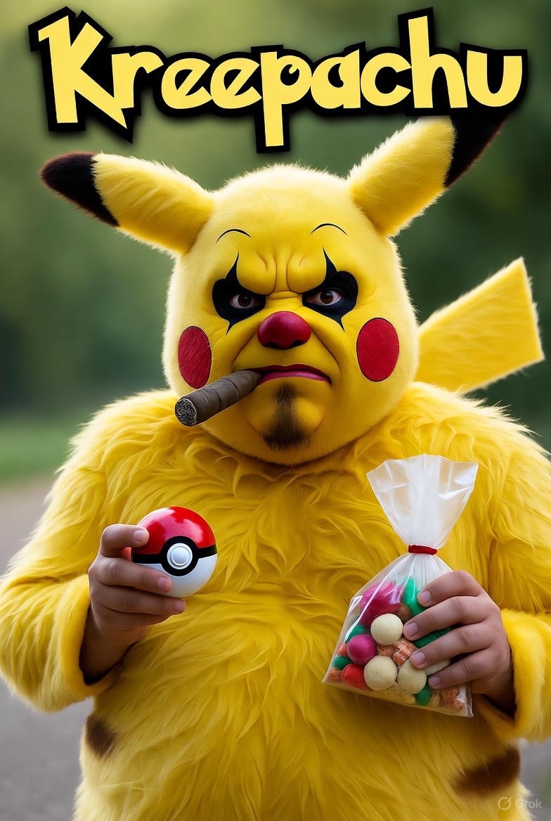 Friend tried to dress up as #Pikachu cause his kid was Ash for #halloween. His Pikachu makeup turned out rally sketchy so we came up with #Kreepachu lol. Don’t be grabbing pokeballs from strangers.