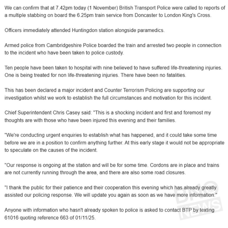 🚨NEW: British Transport Police have issued the following update: