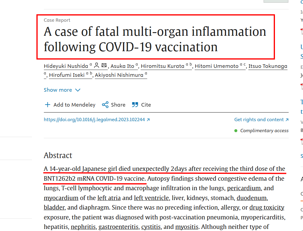 VaccineMole's tweet image. 🚨 The Pfizer mRNA COVID-19 vaccine has been causally linked to the deaths of a 22-year-old adult and a 14-year-old child, according to findings by Nushida et al. and Choi et al.

Sources:
jkms.org/DOIx.php?id=10…
sciencedirect.com/science/articl…