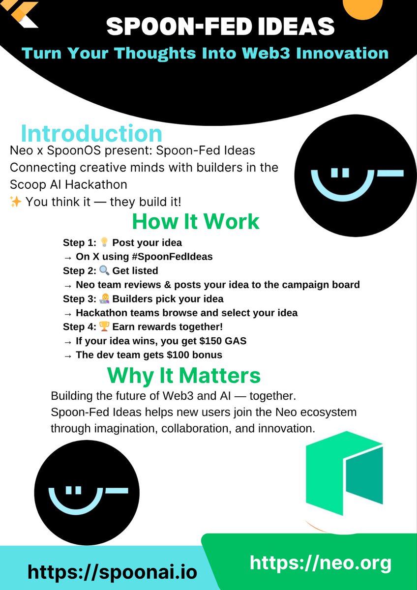 sploonlet's tweet image. Hey guys

Got a creative idea but not a coder?
@Neo_Blockchain &amp;amp; @SpoonOS_ai want you to help shape the future of Web3 + AI!
 
Submit your project idea with #SpoonFedIdeas — if it inspires a winning Scoop AI Hackathon build, you’ll earn $GAS rewards. 🏆

#Crypto #Neo $NEO #Web3