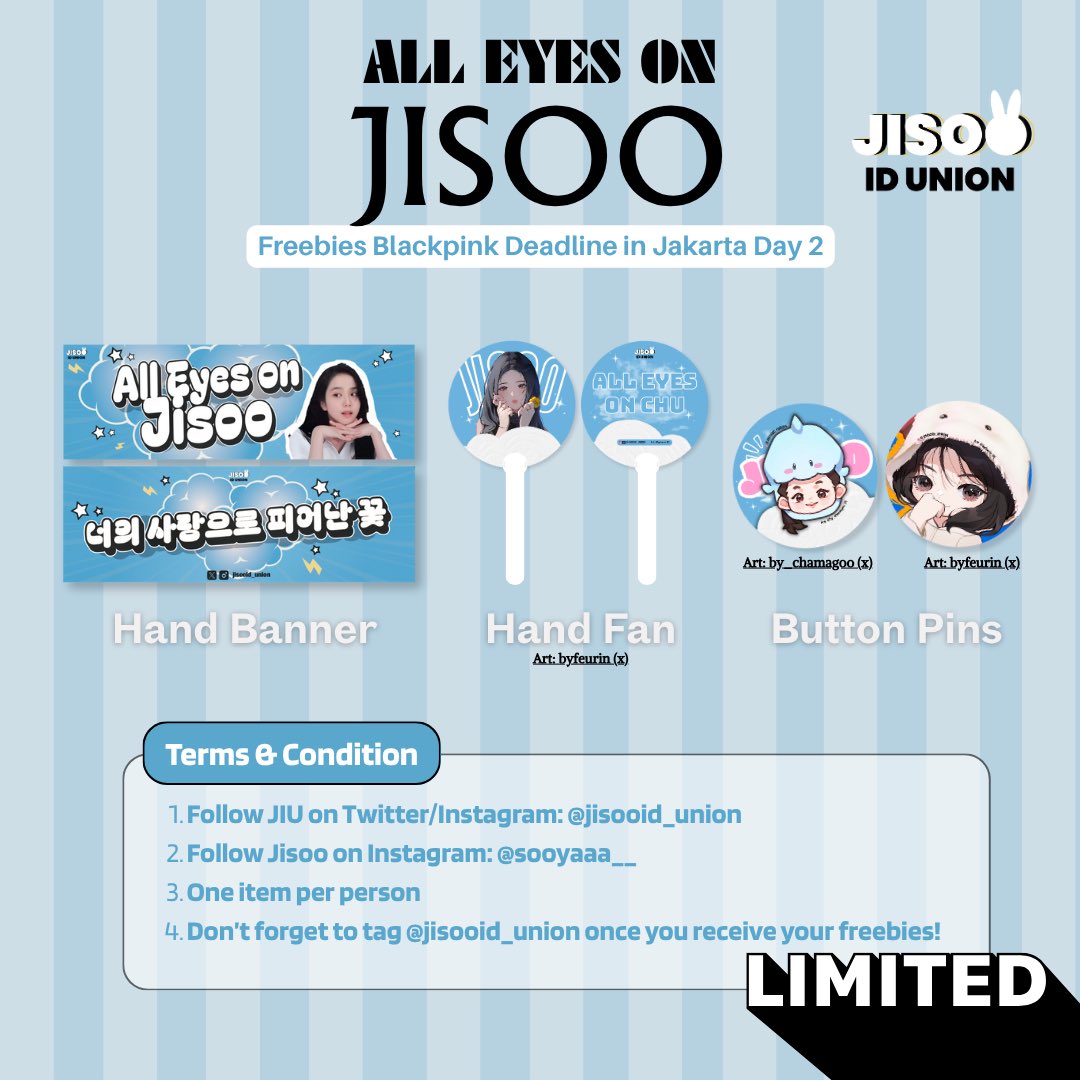 FREEBIES DEADLINE CONCERT - Day 2

Try to find us, at:
⏰ 15.00 - 16.30 WIB
📍 Plaza Tenggara, Gelora Bung Karno (detail location will be informed later)

Don’t forget to tag us <a href="/JISOOID_UNION/">JISOO ID UNION</a> after you get it!