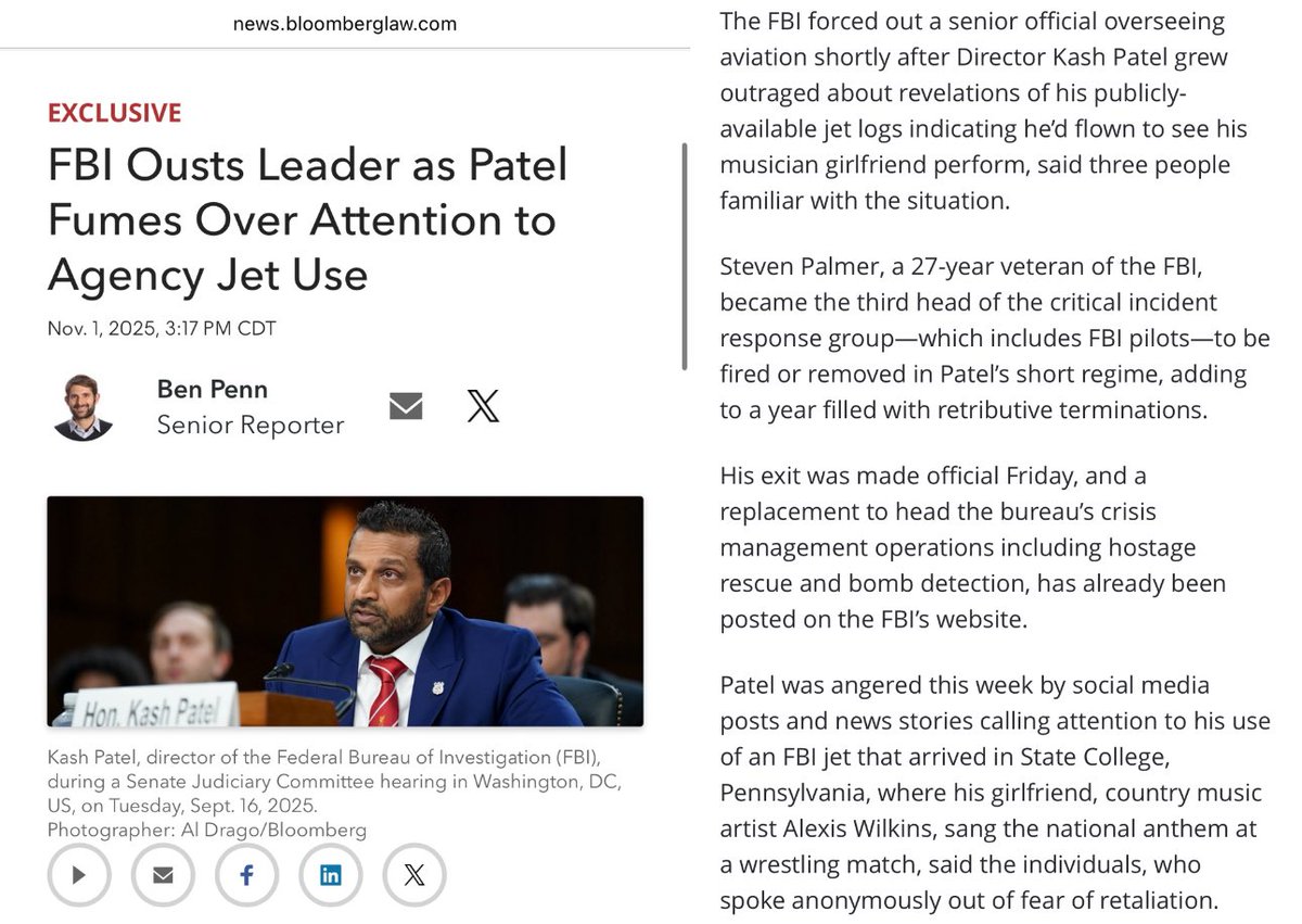 TheTNHoller's tweet image. UPDATE: Trump’s FBI Director Kash Patel just fired a guy he blames for outing him for taking a jet to see his girlfriend sing the national anthem at a wrestling match. 

‘Veep’ had nothing on this crew. 🎪 
news.bloomberglaw.com/us-law-week/fb…