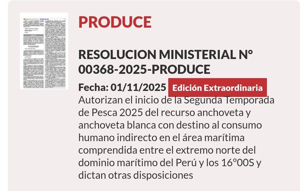 🎣Produce autoriza, desde 7 de nov, el inicio de la 2da temporada de pesca de #anchoveta en el norte-centro.
Cuota provisional de solo 500 mil tn refuerza el dato de que la biomasa se redujo de 10.9 millones de tn en abril a 5.4 millones de tn.