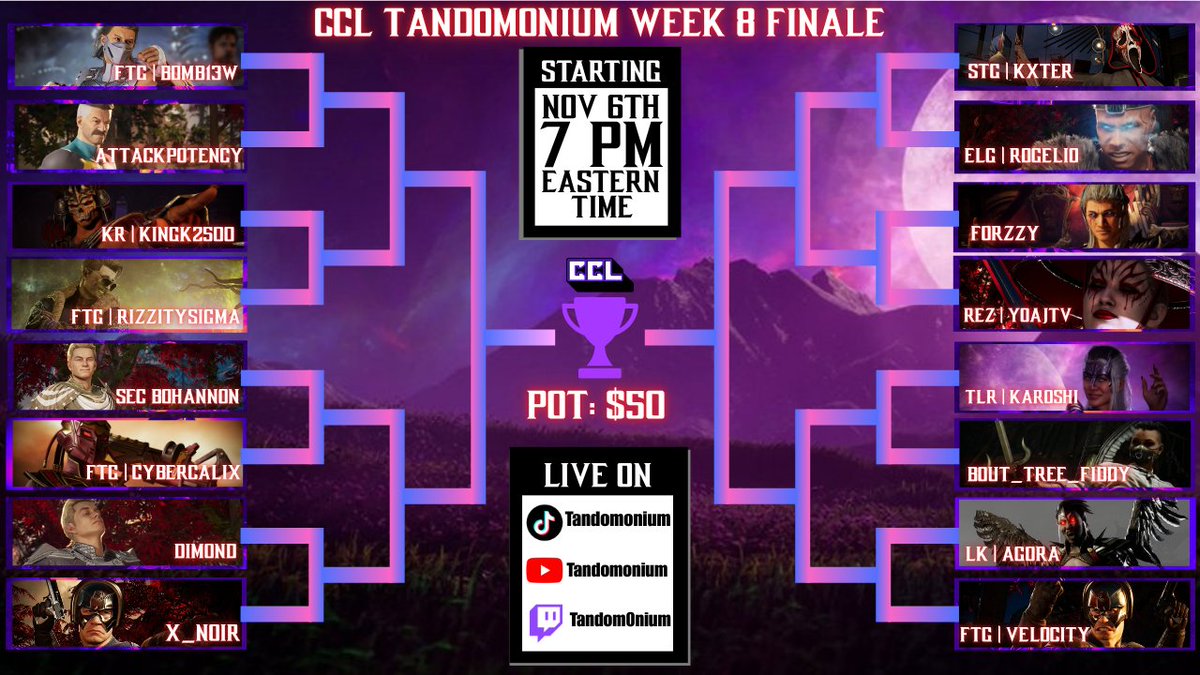 Tandom0nium's tweet photo. IT'S TIME!!!!: The CCL Tandomonium Week 8 Finale is going down this upcoming Thursday, November 6th, 2025 at 7 PM/ 6 PM CST. The Top 16 CCL Players will be competing for a top 3 spot for the Community Pot starting at $50, donations are very apprecieated. 
Cash App: $tandomonium https://t.co/sv0BHv2qNr