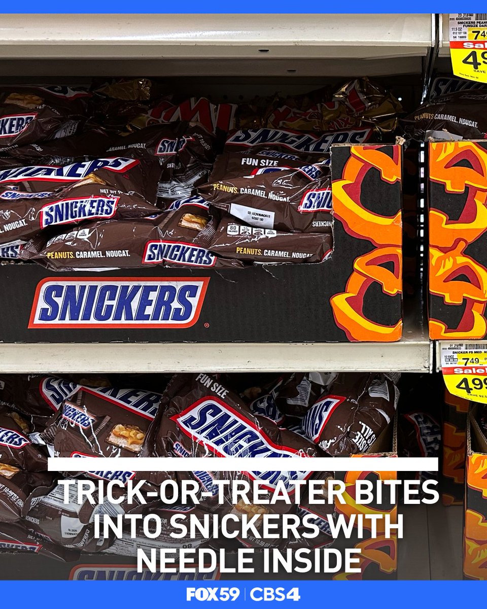 FOX59's tweet photo. After trick-or-treating, a teenager took a bite into a Snickers only to find a needle stabbing her mouth.
Learn more here: https://t.co/d2d1mauOjp https://t.co/Qide2WHXRM