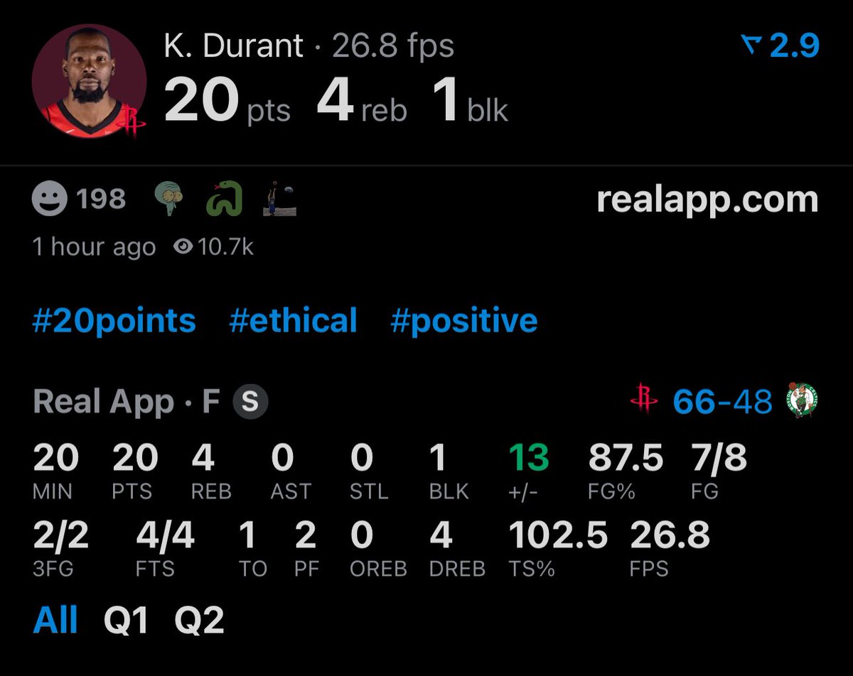 KD’s efficiency is top tier:

20 points
7/8 FG
2/2 3P

At HALFTIME. (via <a href="/realapp/">Real Sports</a>)