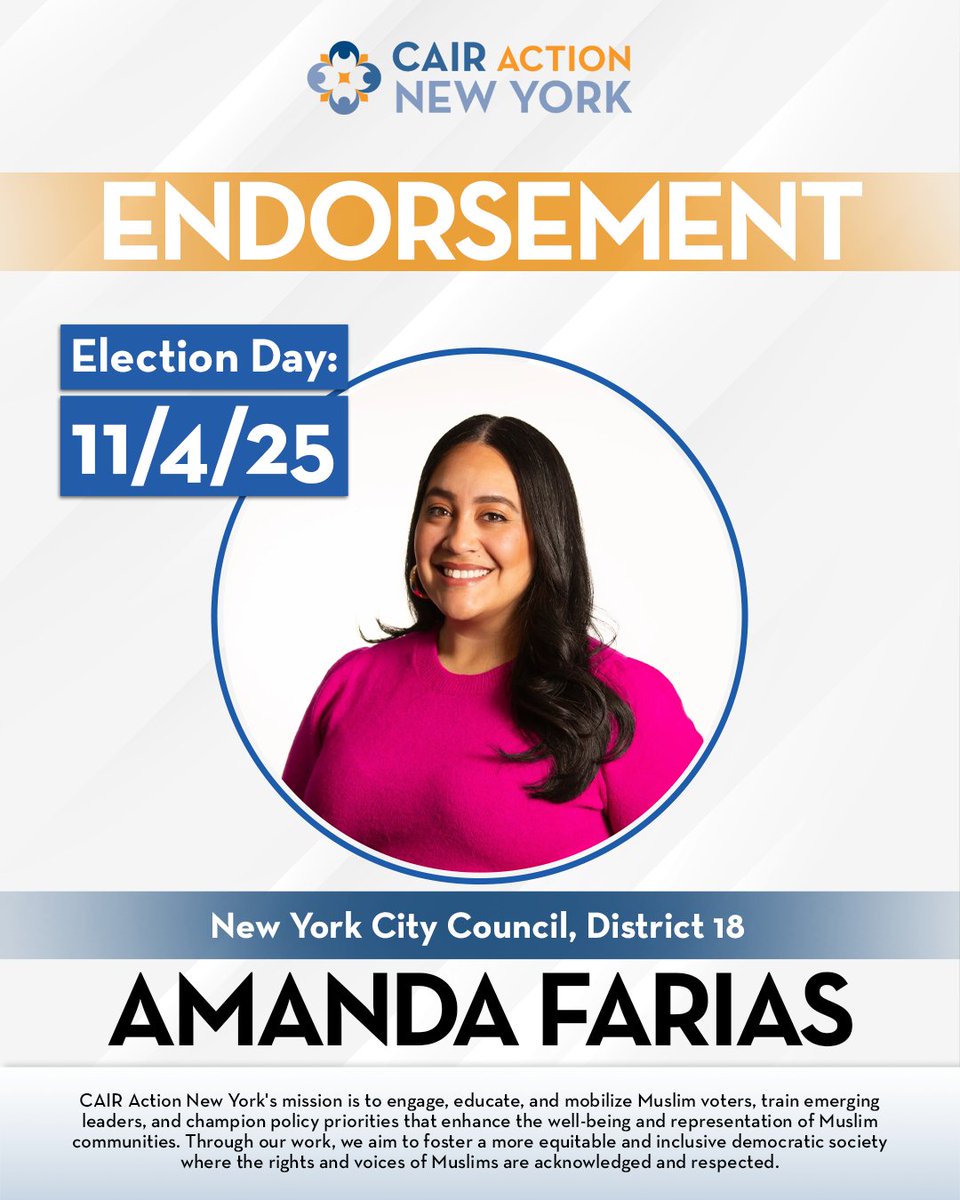CAIRActionNY's tweet photo. CAIR Action New York endorses Amanda Farias for City Council District 18. Amanda’s record shows deep commitment to working families, public safety, and opportunity for all. https://t.co/6cuUy4Wm8t