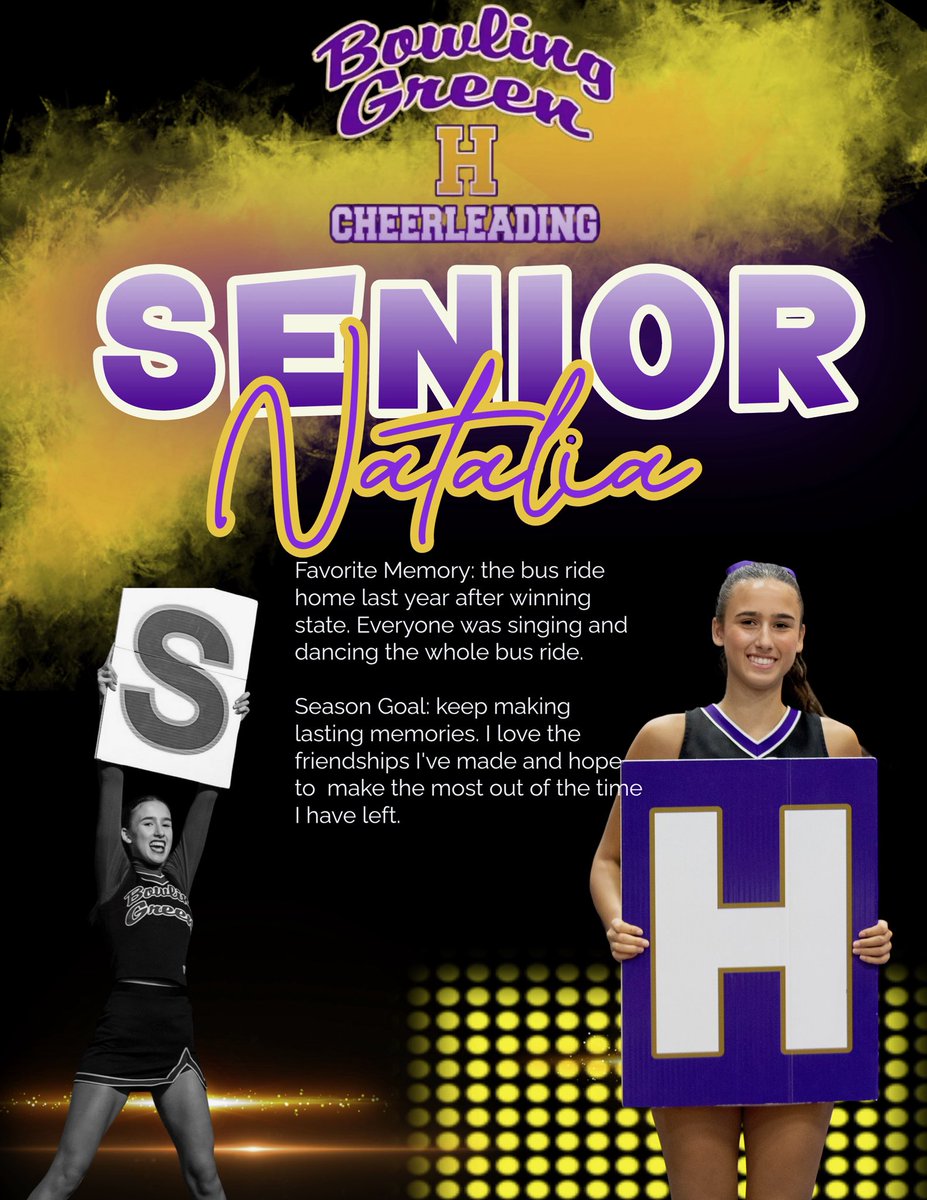 🎉 Senior Cheer Spotlight! 🎉
We’re kicking off our senior celebrations with Natalia Kantosky — 5 amazing years of BG cheer! 💜✨