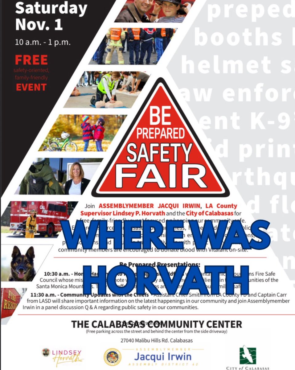 Lindsey Horvath and Assemblymember Jacqui Irwin sponsored an Emergency Preparedness Event in Calabasas — but only a life-size photo of Lindsey stood in her place. 

After the devastating Pacific Palisades and Malibu fires, you’d think our Supervisor would want to meet with her