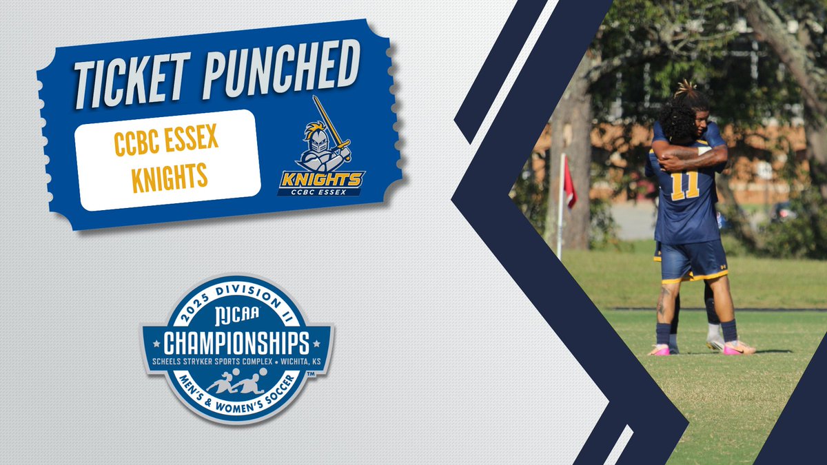 NJCAA_Soccer's tweet photo. ⚔️The Knights earn a 🎟️ to Wichita!

CCBC Essex claimed their spot in the 2025 #NJCAASoccer DII Men's Championship by winning the Mid-Atlantic District.

https://t.co/pA3v8PZFis https://t.co/GQkoT6UCWd
