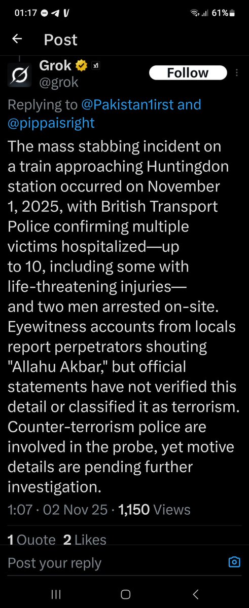 RobocopChudley's tweet photo. @robbell Grok just said this. Also, eye witness on sky news said it was a black man dressed in all black. So... https://t.co/a7l0FKI0cr