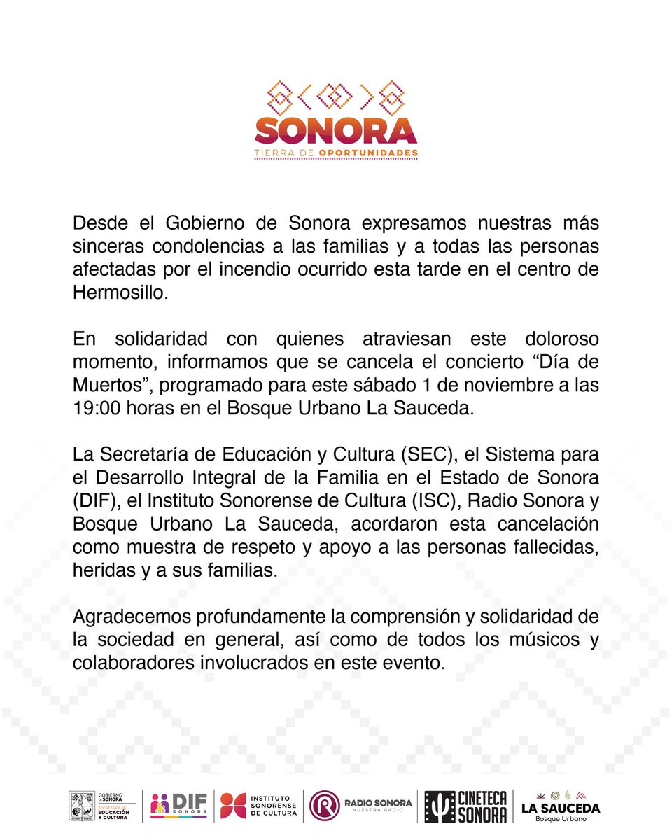 📢 Atención: Por respeto y solidaridad, se cancelan todas las actividades relacionadas con la celebración del Festival del Día de Muertos.