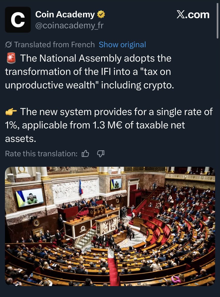 Unrealised gain tax is now officially a thing in France. Just holding crypto can now be a taxable event every year 🤯