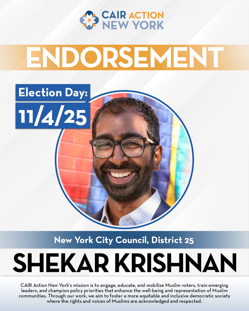 CAIRActionNY's tweet photo. CAIR Action New York endorses Shekar Krishnan for City Council District 25. Shekar’s leadership continues to fight for housing justice and equal opportunity for all New Yorkers. https://t.co/c3lGpazAz4