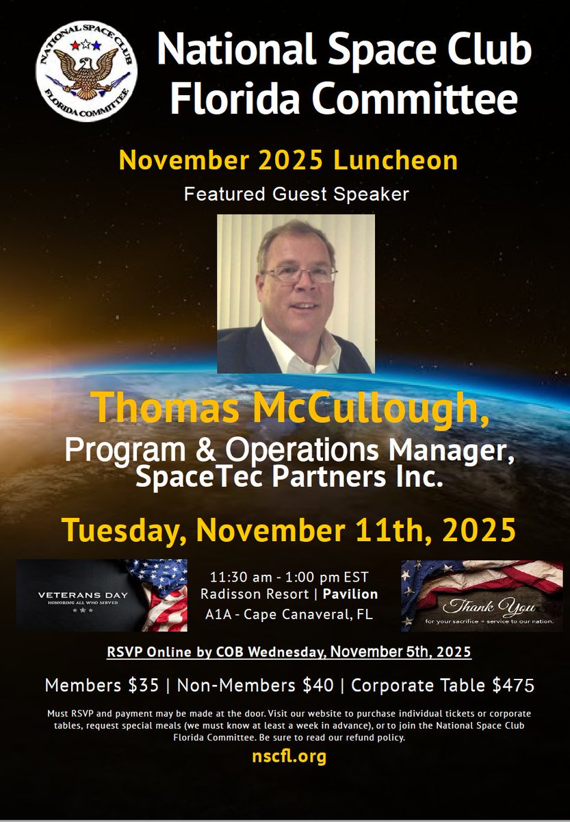 Join us on Nov. 11 for a luncheon featuring Thomas McCullough of SpaceTec Partners. nscfl.org/our-events/
