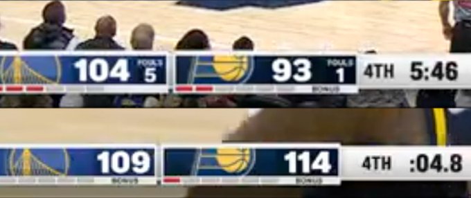 Scoreboard displays from NBA games showing Golden State Warriors versus Milwaukee Bucks with scores 104-93 at 4th quarter 5.46 remaining and another at 109-114 at 4th quarter 0.48 remaining, including team logos and quarter indicators.