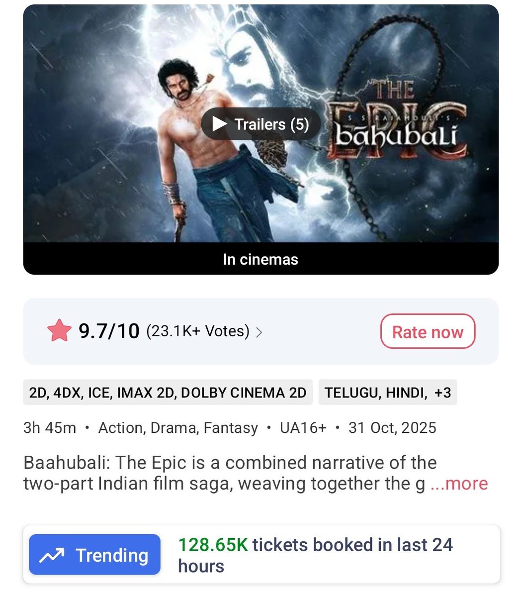 goutham4098's tweet photo. 128.65K Tickets Sold In The Last 24 Hours 🔥🔥🔥 

Excellent Day-2 🏌️🏌️🏌️

#Prabhas || #BaahubaliTheEpic https://t.co/vzgOGp3PWA