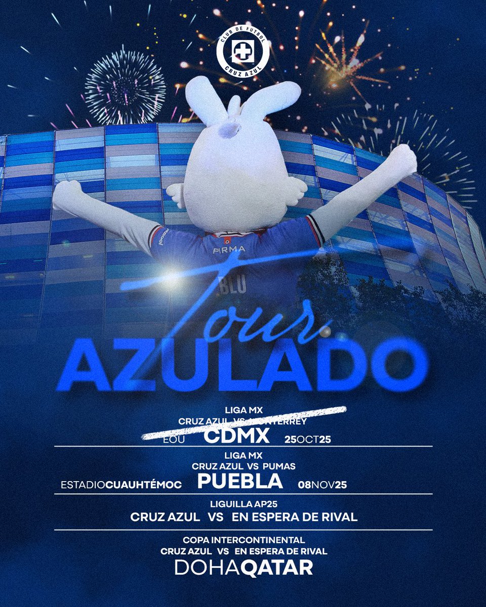 La siguiente presentación del Tour Azulado: 

🆚 Pumas 
📍 Puebla 
🏟️ Estadio Cuauhtémoc

¡Nos vemos el próximo fin de semana! 

#AzulDePorVida