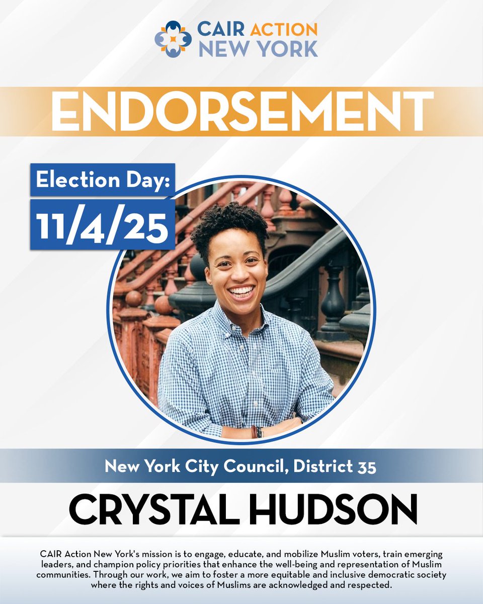 CAIRActionNY's tweet photo. We’re proud to endorse Crystal Hudson for City Council District 35. Crystal’s leadership continues to deliver for working families, seniors, and communities of color. https://t.co/loHLXdvmep