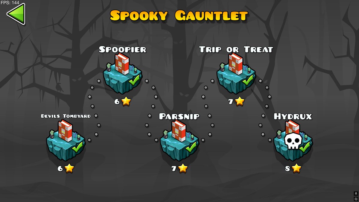 spooky gauntlet 👍
definitely gave me shades of the old 2.1 gauntlets with the sort of random assortment of aptly themed levels, only thing i found odd was 2 levels using the same timestamps of the same song lmao. otherwise, solid gauntlet!