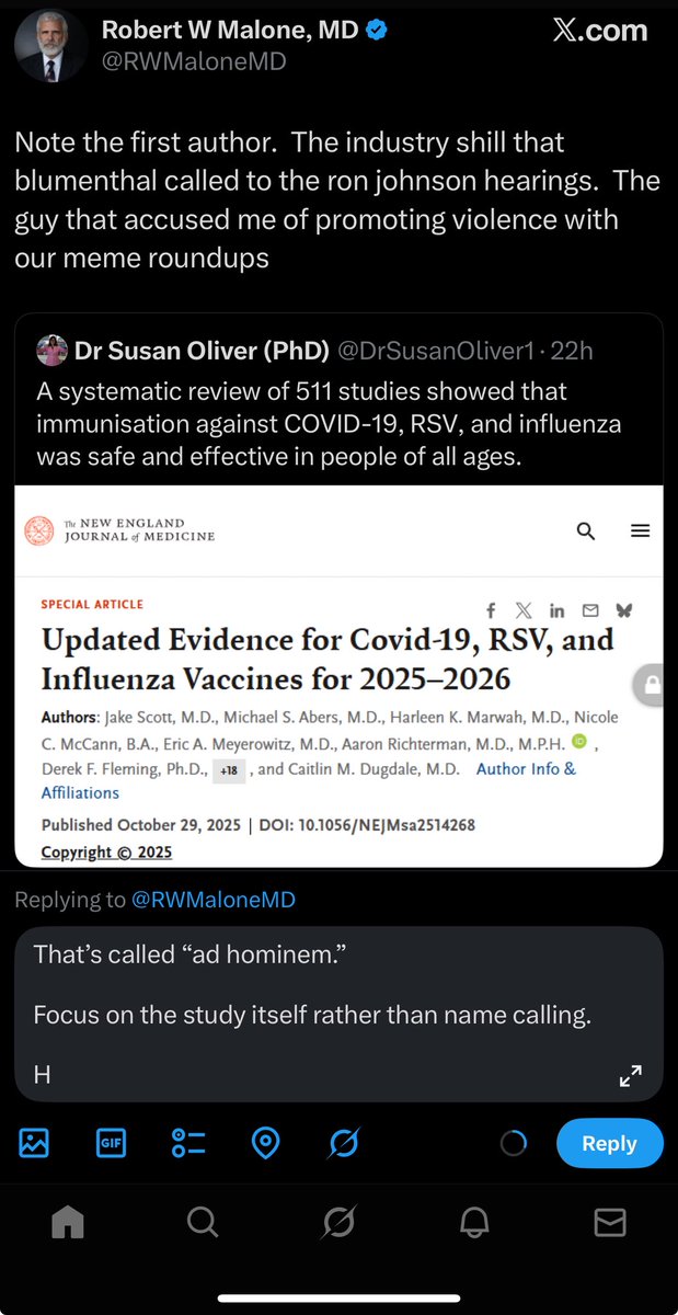 Robert Malone, the dude who leads ACIP, casually indulging in a weird ad hominem
attack instead of actually focusing on a study he doesn’t agree with.

Honestly, this is high-school level stuff.

He is an embarrassment. The US should be deeply embarrassed by this man.