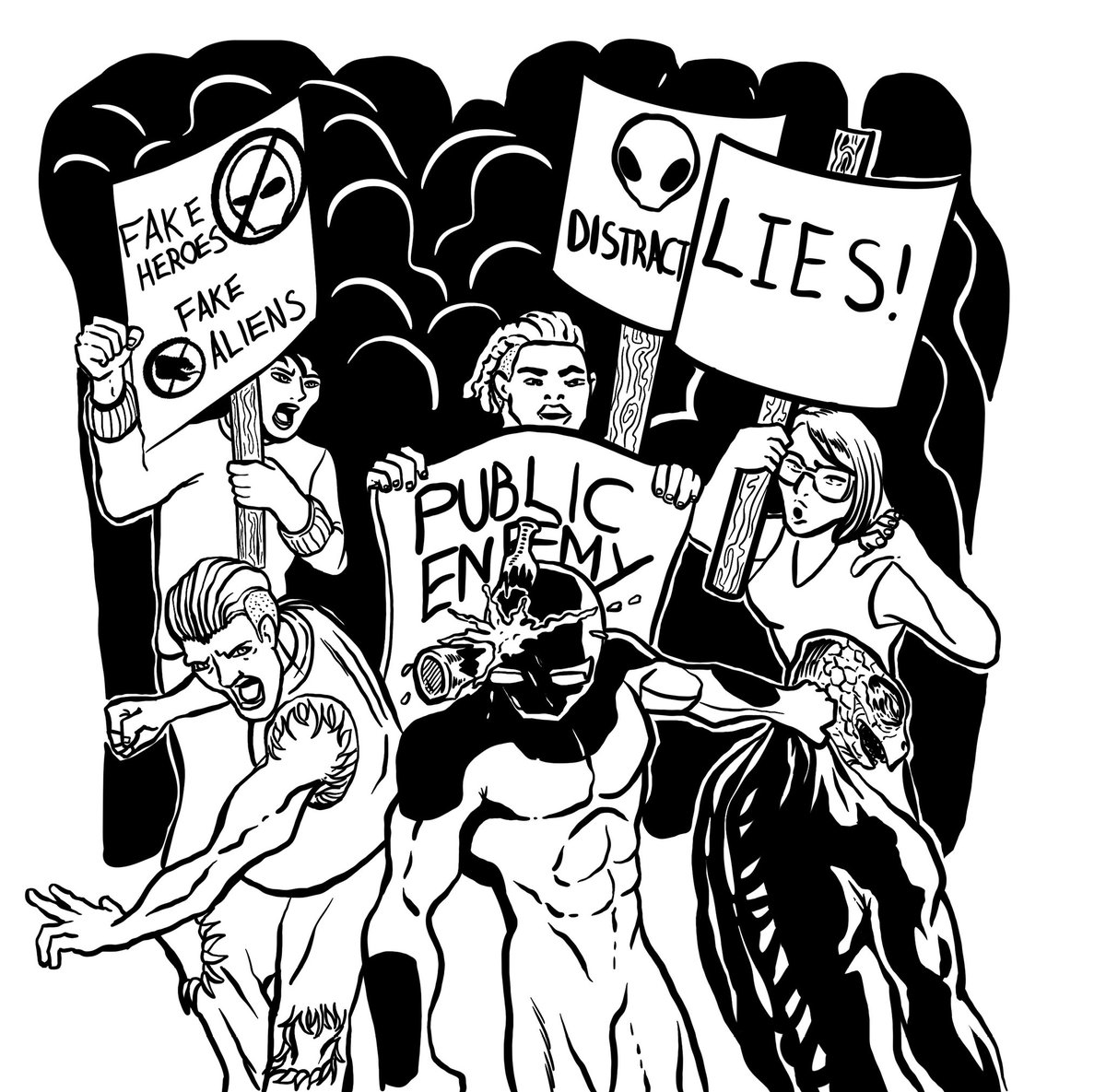 theartofalien's tweet photo. Moses saves the city from a reptilian threat, yet faces disbelief

A satire on how society reacts to extraordinary events, doubting truth, attacking heroes, and mistaking reality for hoaxes

#Satire #Disinformation #UFO #Reptilian #Comic #Irony #Art #Aliens #Inktober2025 #Drawing https://t.co/V98aTsxqmd
