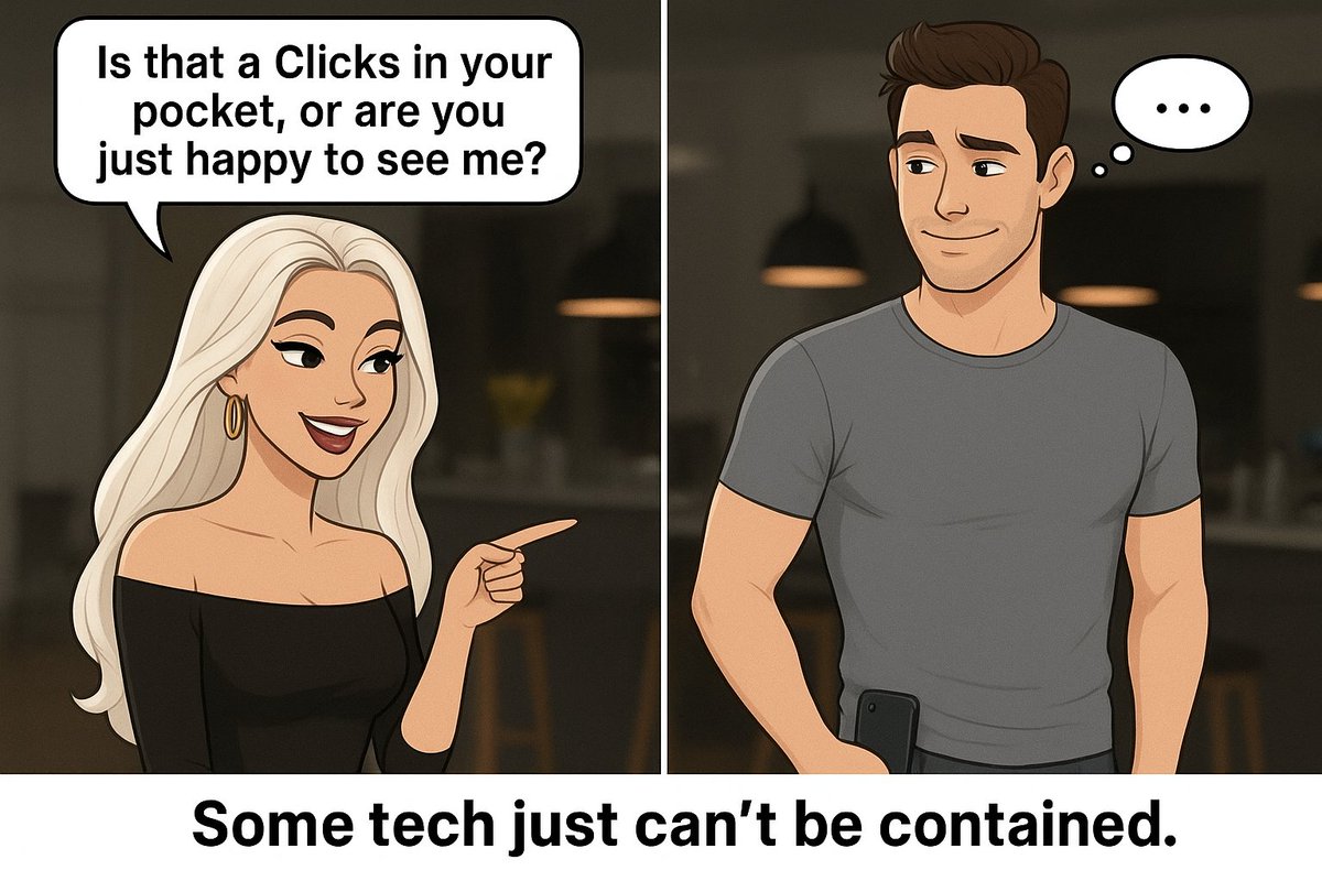 jaimeturner's tweet image. My wife made a “Clicks in your pocket” joke.

I made it a comic.

We all cope in different ways. 😅

@clickskeyboard

#TechHumor #ClicksKeyboard #PocketMoment #AccidentallySpicy #MarriedLife