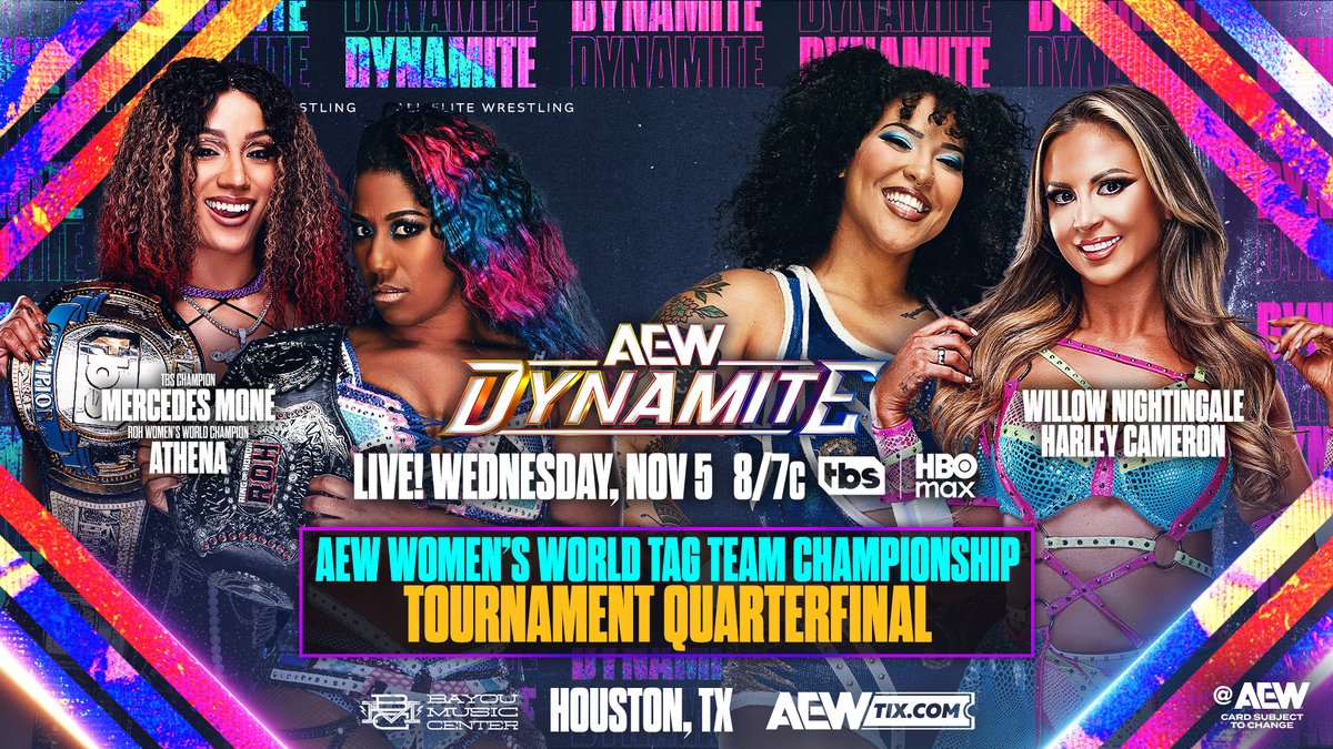 #AEWDynamite
8/7c, TBS + HBO Max
This Wednesday, 11/5!

AEW Women's World Tag Team Title Tournament Quarterfinal
<a href="/AthenaPalmer_FG/">Athena is ROH & All Elite!</a>/<a href="/MercedesVarnado/">Último Moné</a> vs @WillowWrestles/@HarleyCameron_

Willow + Harley saved Stat from a beatdown by Athena + Moné. See which team moves on, WEDNESDAY!