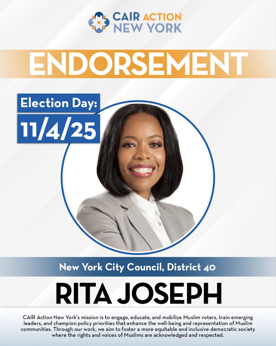 CAIRActionNY's tweet photo. CAIR Action New York endorses Rita Joseph for City Council District 40. Rita’s dedication to education, equity, and inclusion has made her a trusted voice for Brooklyn families. https://t.co/UeIAk458g0