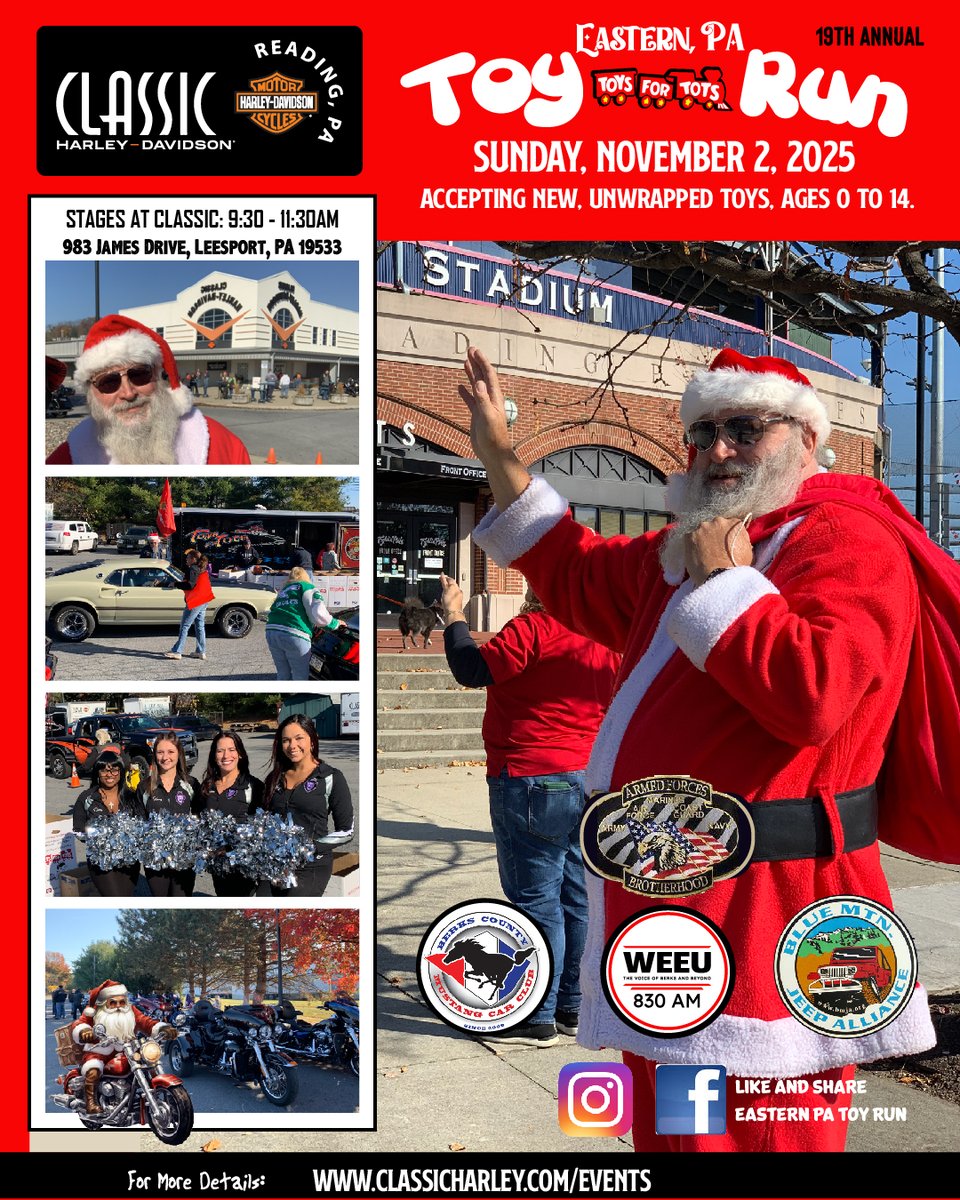 CHDofReading's tweet photo. Classic Harley-Davidson is excited to partner with the Reading Fightin Phils for the 19th Annual Eastern PA Toy Run - Toys for Tots event. The event will kick off at Classic Harley and stage from 9:00am to 11:30am. #toysfortots https://t.co/pcNotpqjel #toysfortots #chdofreading https://t.co/P4gPwcsuyZ