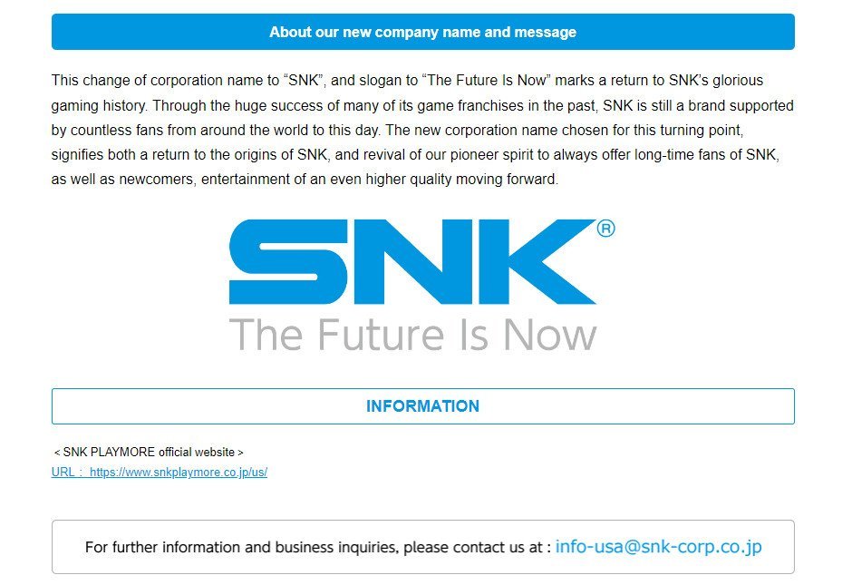 On this day 9 years ago, it was announced that SNK Playmore was undergoing a company name change, reverting back to SNK Corporation. The press release for the announcement can be read below:
snk-corp.co.jp/us/press/2016/…
