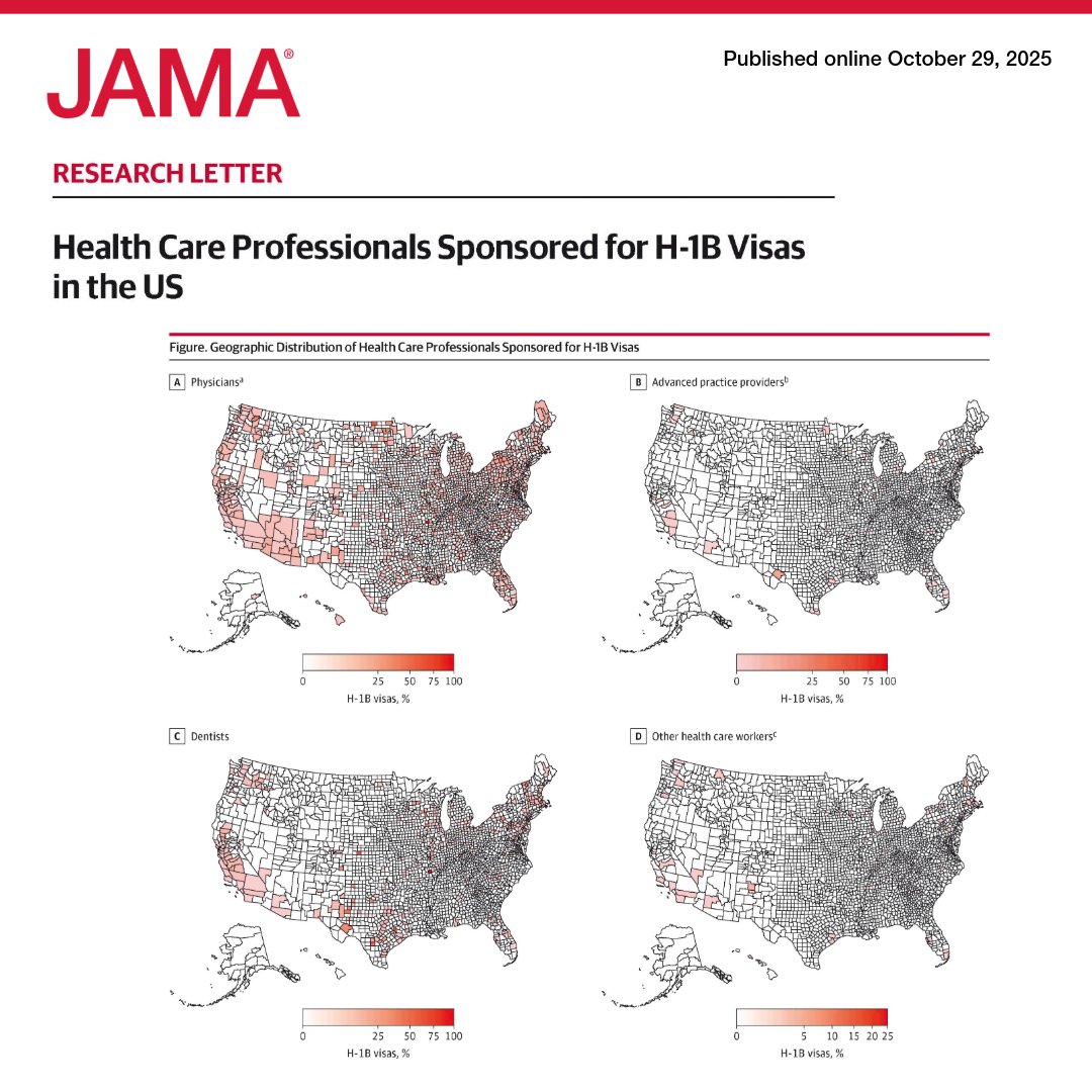 JAMA_current's tweet image. H-1B visa–sponsored physicians are twice as prevalent in rural counties and nearly 4 times as common in high-poverty areas, highlighting the potential harm of rising visa costs to health care access. 

ja.ma/47xKm6F