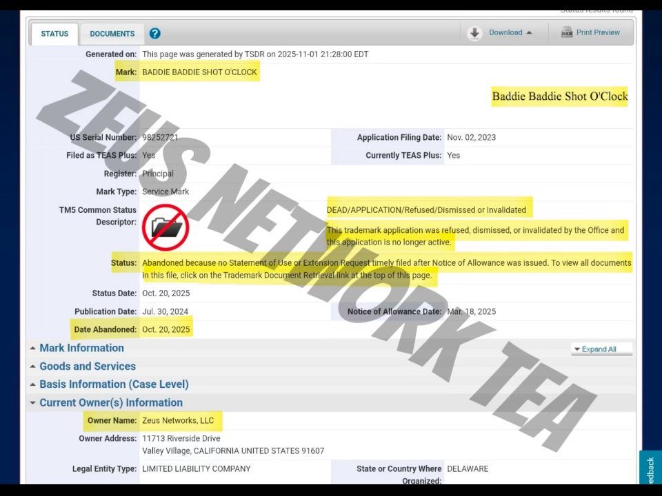 ZeusNetworkTea's tweet image. 🚨ZEUS MESSED UP BIG TIME🚨 

The Zeus Network no longer owns the trademark rights to ‘Baddie, Baddie, Shot O’Clock’ anymore. 😳 (At one point in time they did own it, but their application was either refused, dismissed or invalidated)

The BADDIE BADDIE SHOT O’CLOCK mark has…