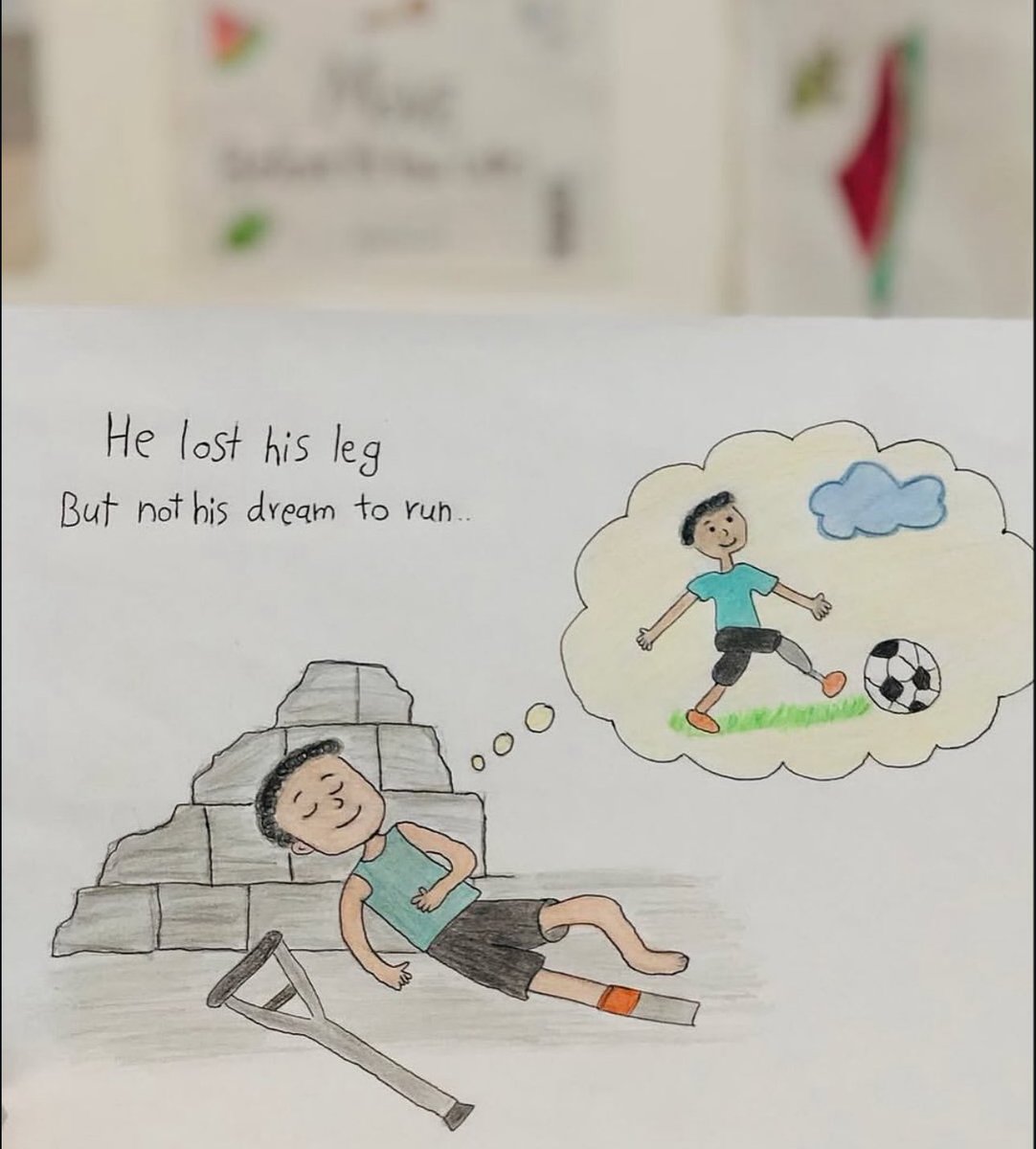 Ms Rachel just shared a heartbreaking story of 12–year-old Ahmed from Gaza and his drawings. This one is about Fadi.

“He lost his leg, but not his dream to run.”