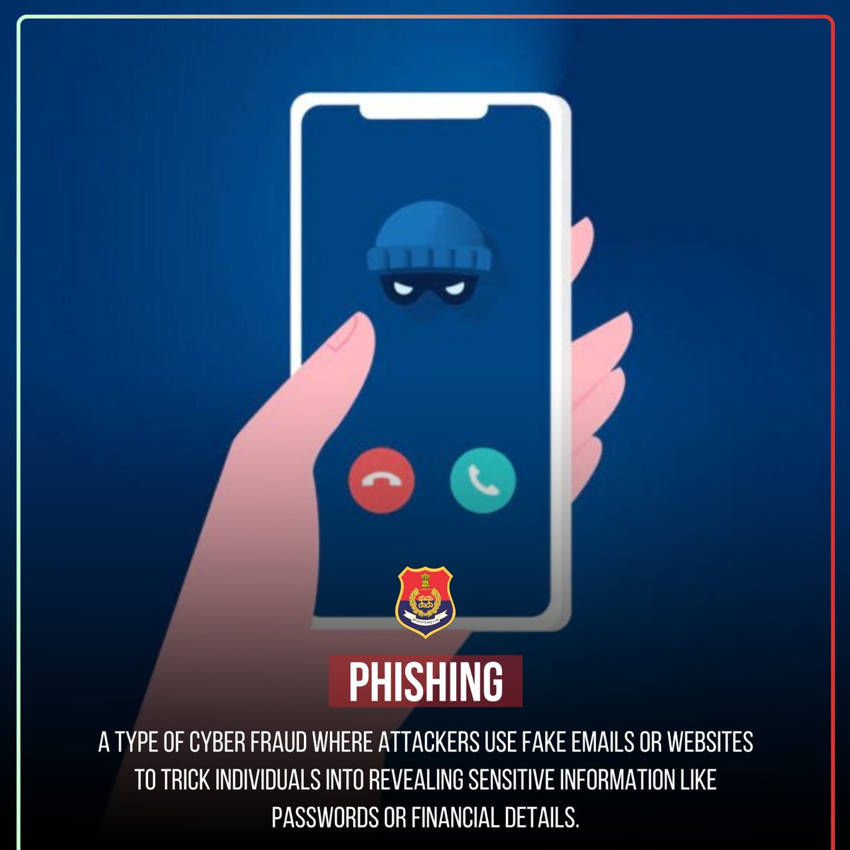 PunjabPoliceInd's tweet image. ⚠️ Beware of Phishing!

Cyber fraudsters use fake emails or websites to trick you into sharing sensitive information like passwords or bank details.

🔒 Think Before You Click — Verify Before You Share!
Stay alert, stay safe from cyber scams.

#CyberSafety #PhishingAlert