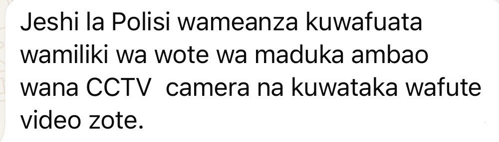 Police and <a href="/SuluhuSamia/">Samia Suluhu</a> have panicked they are now ordering shop owners to delete their CCTV footage 
It’s ok we have enough evidence!
Mtaenda ICC na kimama
Shenzi! 
Push 💪🏽🇹🇿 
Tutawatoa hawa mafedhuli wakoloni weusi!
