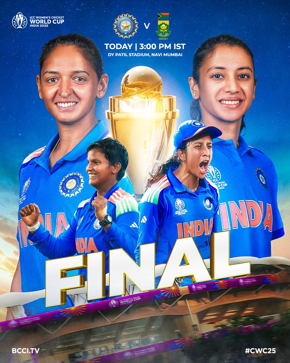 BCCIWomen's tweet image. The #Final frontier! 🇮🇳

🏟 DY Patil Stadium
⏰ 3:00 PM IST
💻 BCCI.tv
📱 Official BCCI App

All the best #TeamIndia 👍

#WomenInBlue | #CWC25 | #INDvSA