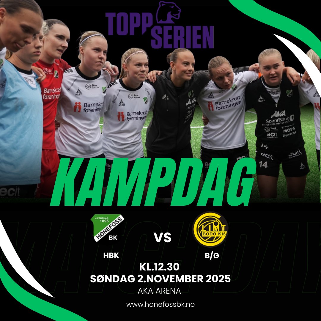 HonefossBK's tweet image. KAMPDAG ⚽️⚽️
A-lag kvinner 💚🤍🖤
Søndag 2.november kl.12.30.på AKA Arena 
@toppserien - runde 25
@hbk_kvinner - @bodoglimtkvinner
Vi ønsker våre damer lykke til med kampen!
Scoringer fra kampen oppdateres på vår facebookside ⚽️
SES PÅ KAMP!
#VierHBK