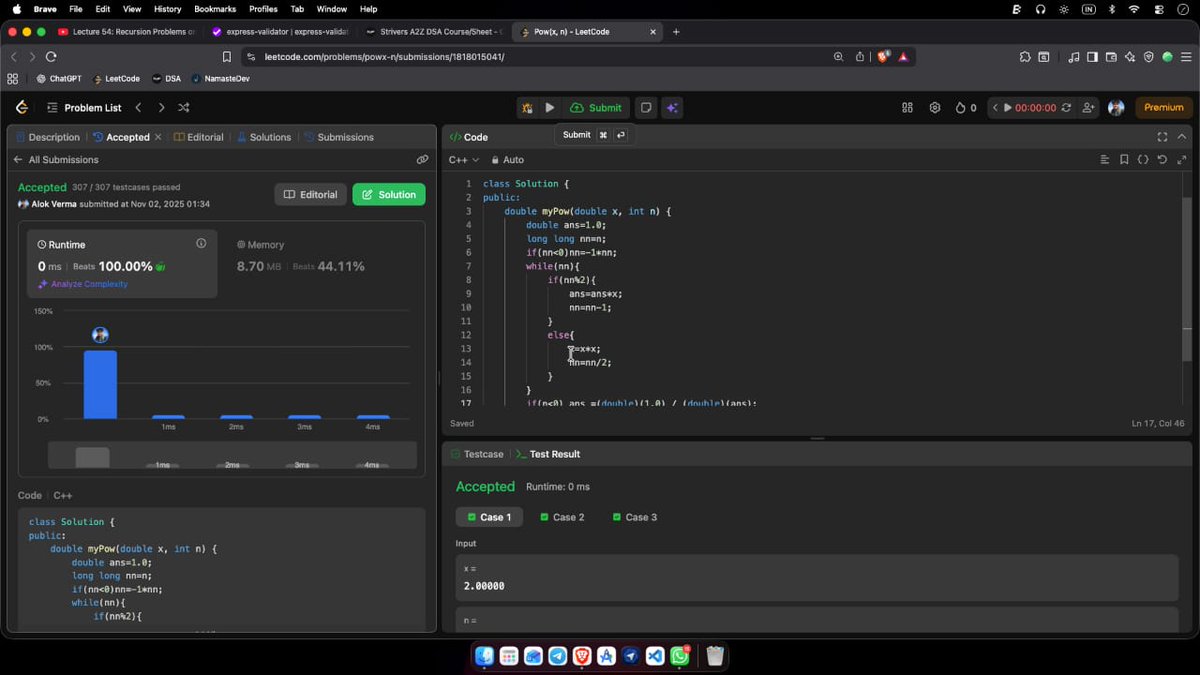 alokx23's tweet image. Day 47 of #100DaysOfCode
Solved LeetCode Problem 70 – Climbing Stairs 🪜
Understood how this problem is connected to the Fibonacci sequence and implemented it using Dynamic Programming for optimized performance.
Achieved 0 ms runtime (💯% faster than other C++ submissions)!