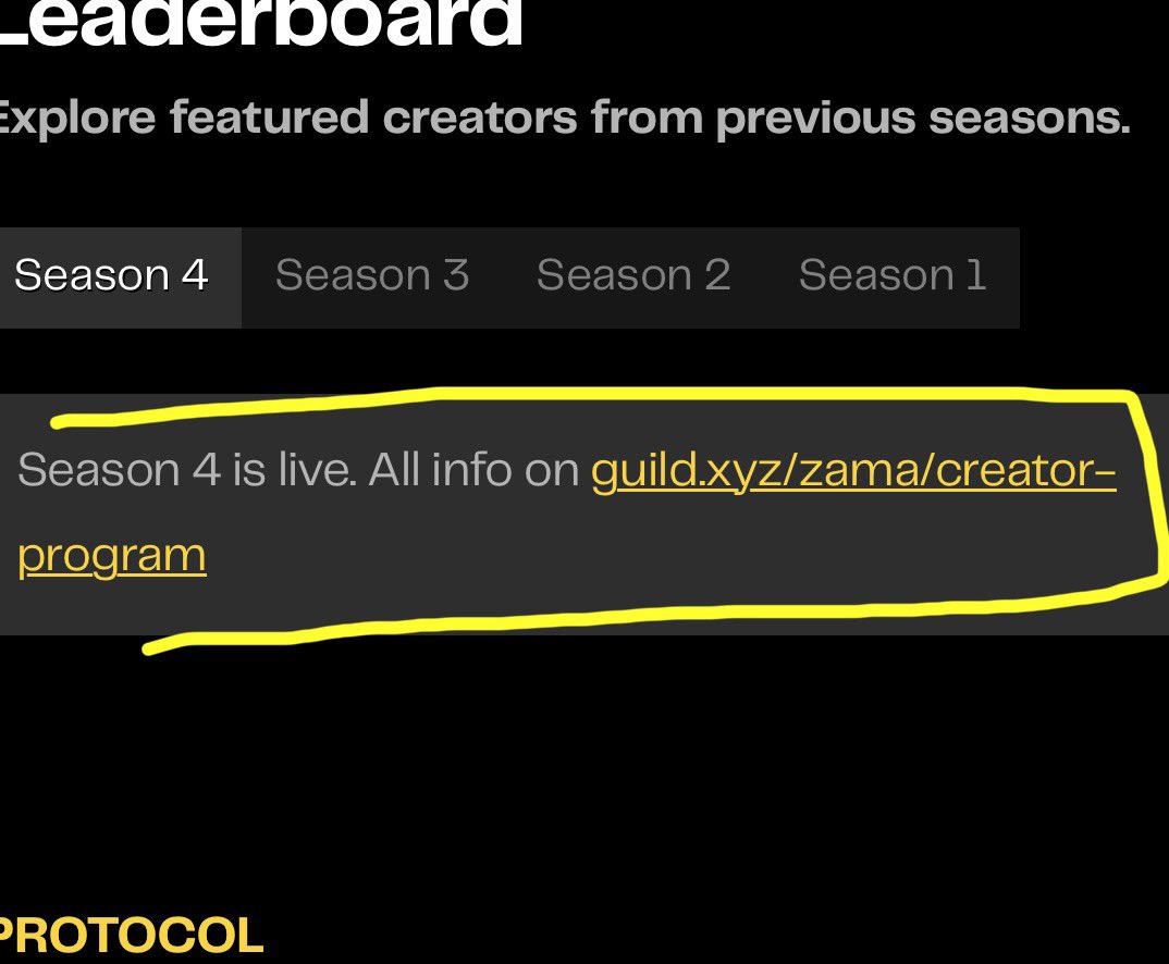 🟨 Z UPDATES 

with all so far so good 

The season 3 of <a href="/zama/">Zama</a>’s Creator Program came to an end oct 31st , no shocker there 

However there’s a Season 4 

This may be 1 of 2 things 

- another shot to contribute before debut 

OR

- just another season as-per continuity in the