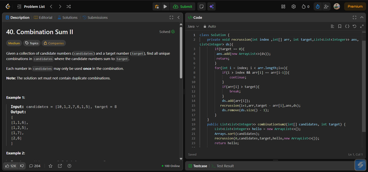 yaswanthsure2's tweet image. Day 1: Combination Sum II 🎯
Approach: Backtracking 🔁
Sort → Skip duplicates → Pick or skip each element 💡
Elegant recursive solution in O(2ⁿ) — finding all unique combinations that sum to target 🎯
#100DaysOfCode #LeetCode #Java #CodingChallenge