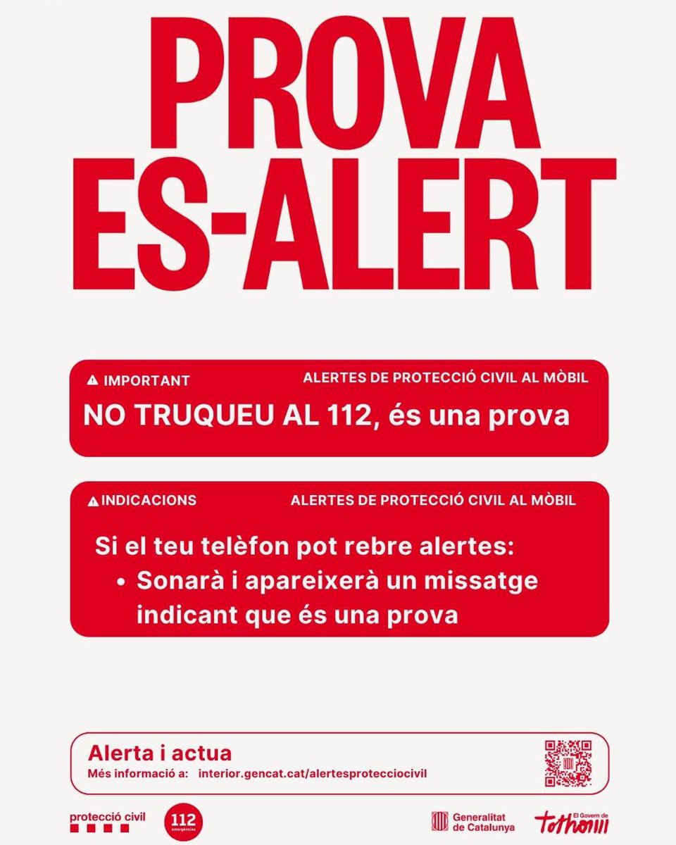 Aj_Sabadell's tweet image. 📢 #AVÍS | Dilluns 3 de novembre a les 10 h, #ProteccióCivil farà una prova del sistema d’alertes als mòbils a #Sabadell i altres comarques 📲⚠️

📱Si el teu telèfon pot rebre alertes, sonarà i apareixerà un missatge indicant que és una prova 👀

👉 Afectarà el Barcelonès, Baix