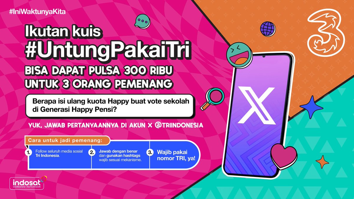 I would like a win, i would like a win…. 

Gitu gak sih lagunya ehehe~ ya, intinya sih pengen bangettt menang kuis #UntungPakaiTri 

Kamu juga bisa menang, lho:

1️⃣ Jawab pertanyaan di kolom reply sebanyak-banyaknya
2️⃣ Pakai hashtag #UntungPakaiTri #IniWaktunyaKita