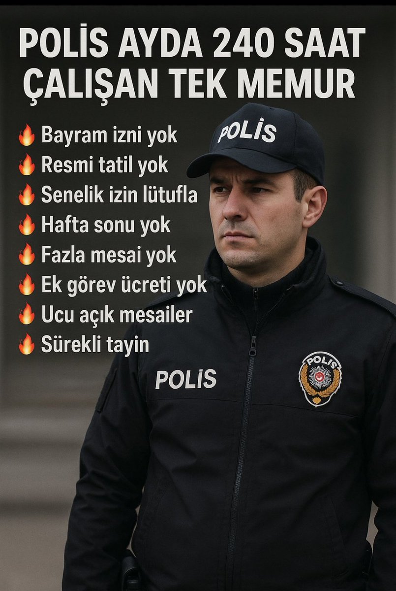 Ekim ayında 120 saat gündüz 120 saat gece toplamda 240 saat çalıştım ve 1.5 gün Resmi tatilde de çalıştım.

Eğer polisin meslek kanunu olsaydı fazladan çalıştığım 100 saatin, gece 120 saatin ve resmi tatil olan 1.5 günün  karşılığını alırdım

Kanun olmadığı için hiç bir fark yok