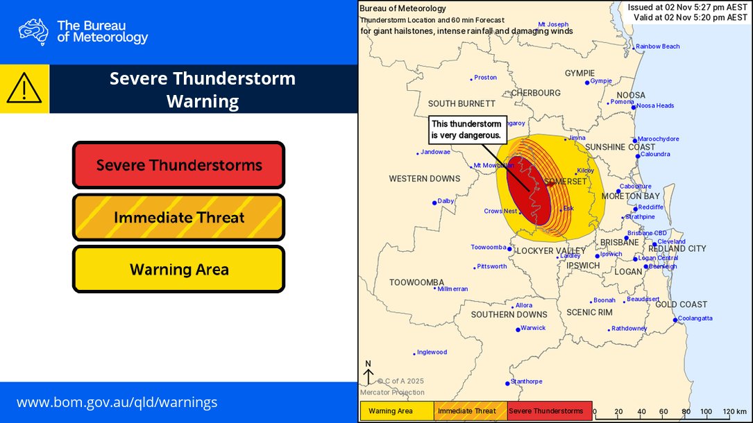 Giant hail, intense rainfall &amp; damaging winds are possible with the very dangerous thunderstorm to the west of Esk and Kilcoy and south of Nanango.

Hail with a diameter of 8 cm has been observed at Googa Creek.

Details: bom.gov.au/warning/severe…